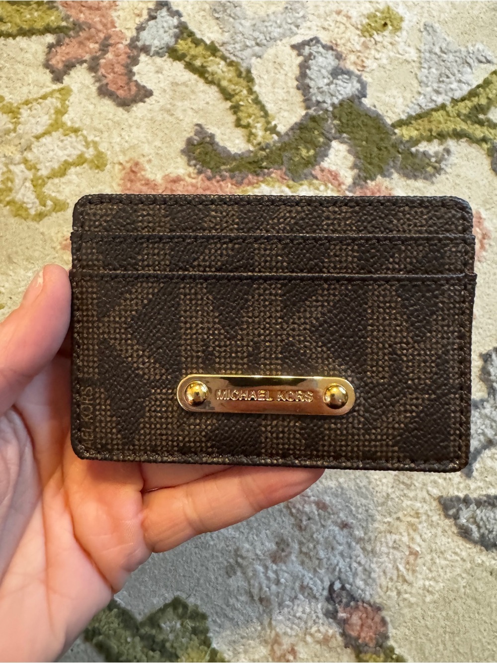 Michael Kors Dark Brown Monogram Card Case with Gold Plate